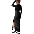 thumbnail image 5 of Women'S Casual Long Sleeve Collar V Neck Maxi Sweater Dress Slit Thigh Ribbed Knit Bodycon Pencil Dresses Black XL, 5 of 10