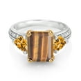 thumbnail image 2 of Gem Stone King 925 Sterling Silver and 10k Yellow Gold Brown Tiger Eye and Yellow Citrine 3 Stone Engagement Ring for Women (4.01 Cttw, Emerald Cut Cut 10X8MM, Size 5), 2 of 4