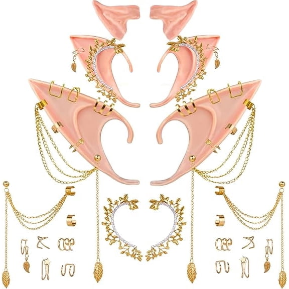 Fantasy Elf Ear Piercing Set for Cosplay - 3 Pairs Soft Silicone Ears with Moon Cuffs & Earrings for Women, Costume Parties & Photoshoots