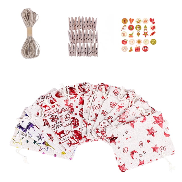 Christmas Candy Bag Linen Bags 24pcs Assorted Christmas Gift Wrapping Bags Clips Number Sticker design with Snowman Santa Claus Elk for Christmas Birthday Party Holiday