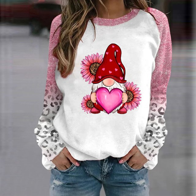 Qertyioot T-Shirt Graphique de la Saint-Valentin pour Femmes à Manches Longues, Blouse Imprimée Col Rond Tunique Décontractée