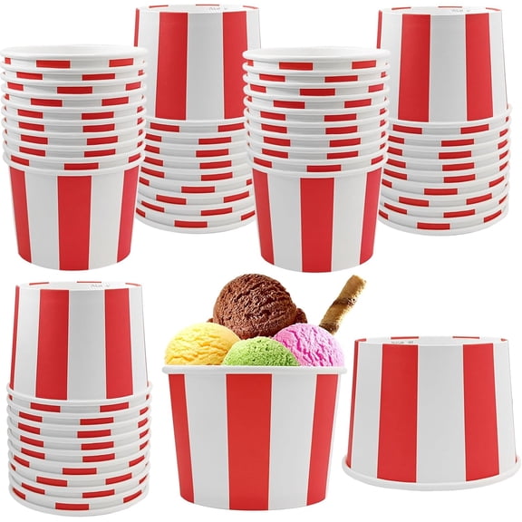 50 Pcs Red White Striped Ice Cream Cups Disposable Paper Snack Bowls 9oz Circus Carnival Paper Dessert Containers For Hot Or Cold Soup Yogurt Christmas Food Containers