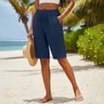 thumbnail image 2 of VBVC Women's Cotton-Linen Drawstring Bermuda Shorts , Summer Knee Length Shorts For Women,Ladies' Button Side Slit Beach Shorts with Pockets,Navy,S-2XL, 2 of 6