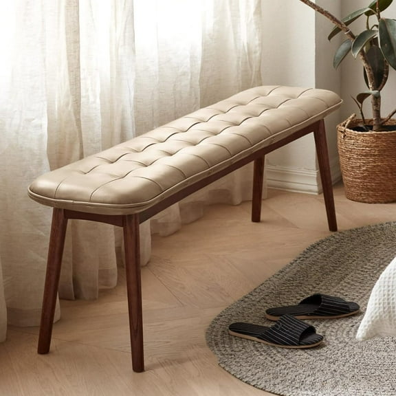 GZXS Modern Upholstered Dining Bench with Solid Oak Wood Legs and Leather Cushion, for Entryway, Bedroom, Living Room, 51.18"L x 12.6"W x 17.32"H, Khaki Brown