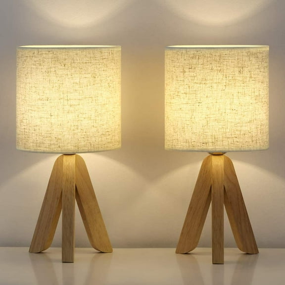 Wooden Tripod Nightstand Lamps with Fabric Linen Shade