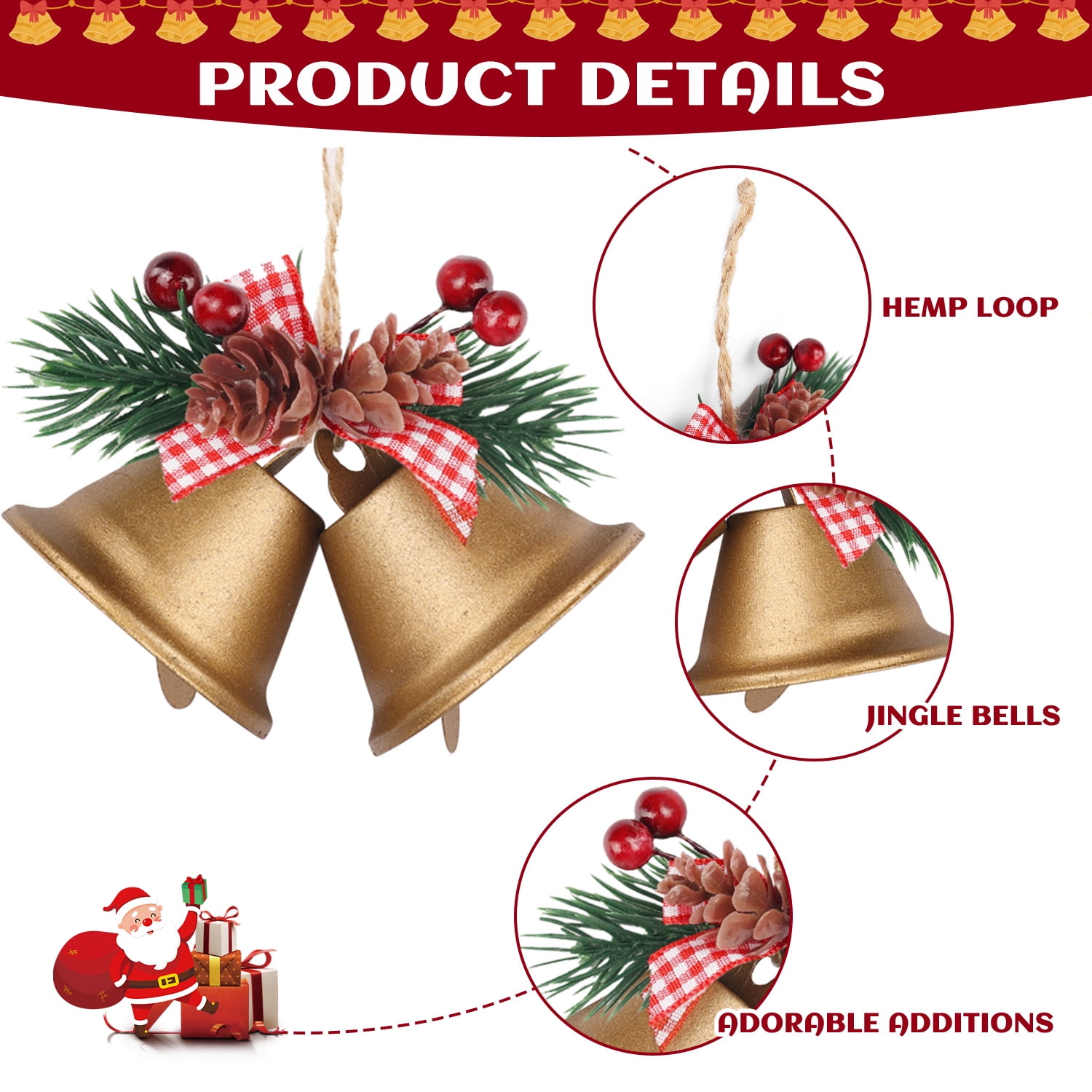 Gold Jingle Bells Christmas Decorations for Tree 6PCS, Retro Hanging Bell  Ornaments for Crafts Holiday Party Season Decor 