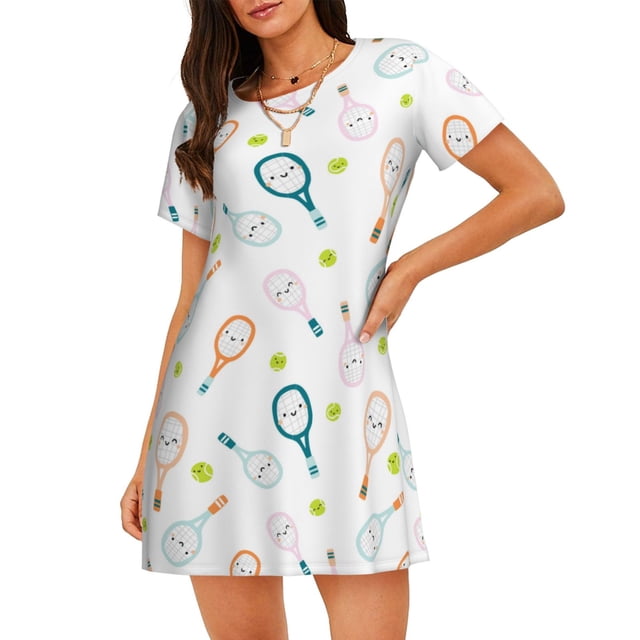 Balery Cute Tennis Rackets Camisón de manga corta con cuello redondo para mujer, cómodo y elegante.