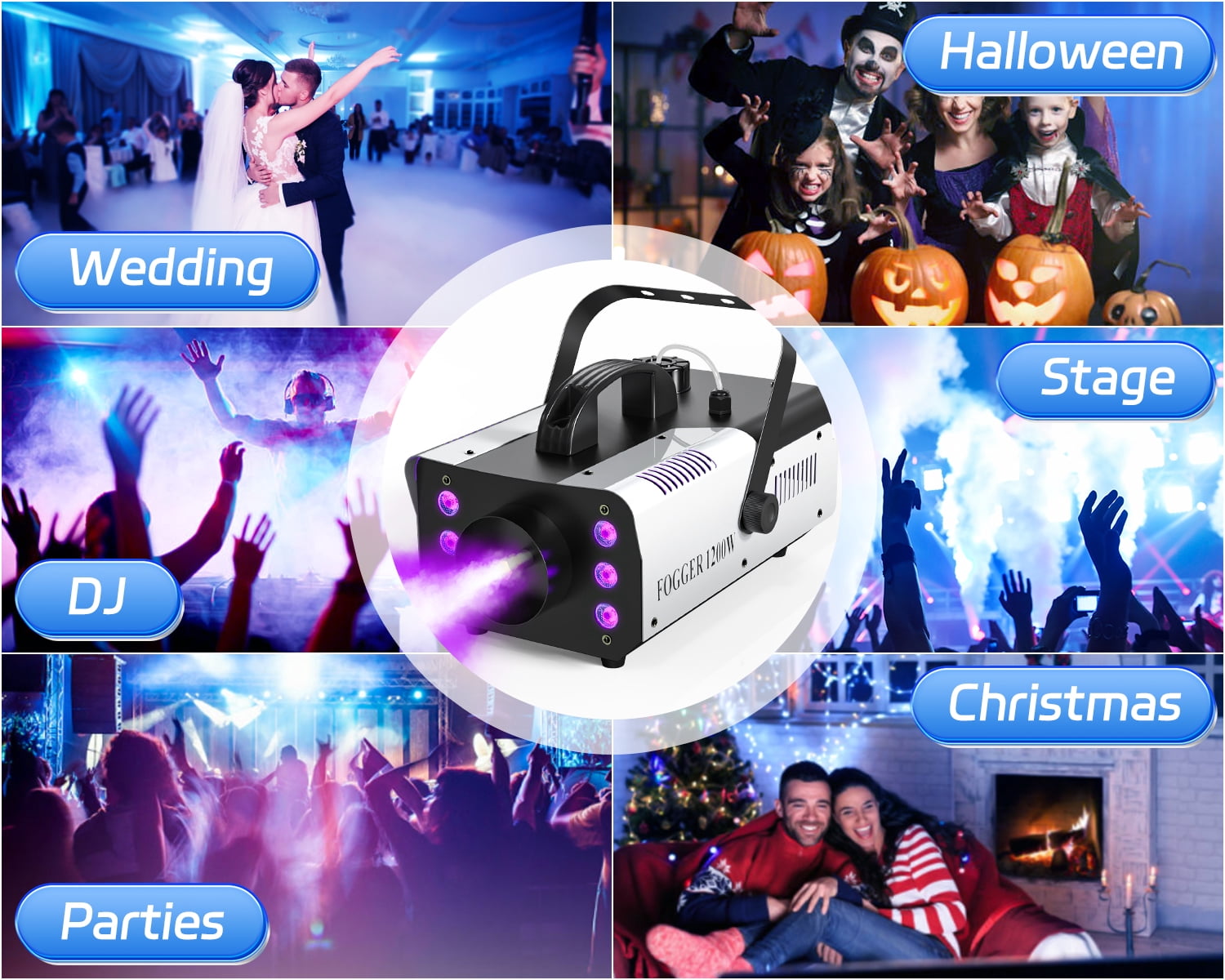 1200W Fog Machine with RGB 6LED Lighting Smoke Remote Control Stage Effect Equipment, Home Entertainment Halloween Party DJ Nightclub Wedding