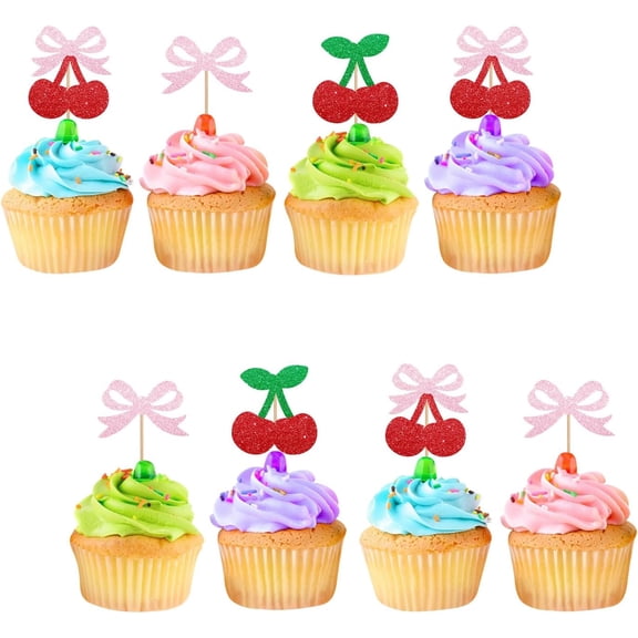 12pcs Cherry Bow Cupcake Toppers, She's The Cherry On Top Cupcake Toppers, Pink Glitter Bowknot Cherry Cupcake Picks for Baby Shower, Baby Girl 1st Birthday Party Supplies