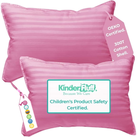 kinder Fluff Toddler Pillows for Bed (2X) - The Only Kids Pillow 300T Cotton Shell & Down Alternative Fill - Travel Pillow for Children Bedding Set Sleeping Pillow Floor Bed Pillows (14x20in - Pink)