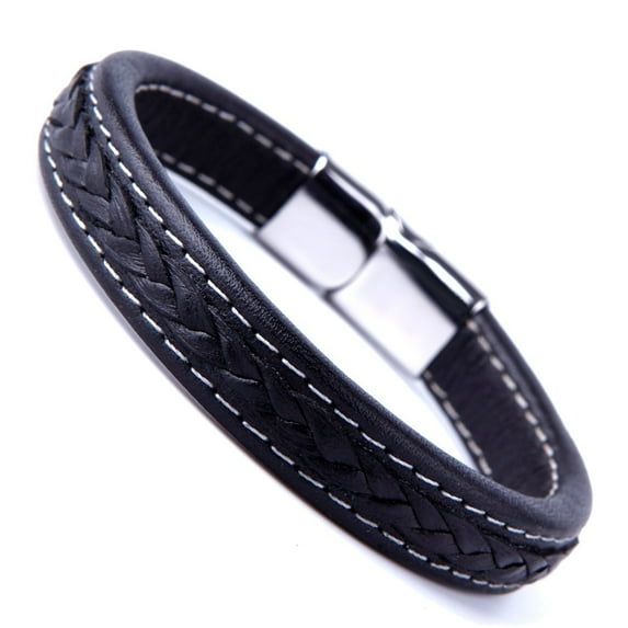 Elegant Black Cuff Genuine Leather Bracelet for Men with Elegant 316L Stainless Steel Clasp