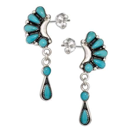 Multi Stone Dangle - STERLING SILVER MULTI STONE SIMULATED TURQUOISE CRESCENT EARRINGS WITH DANGLES