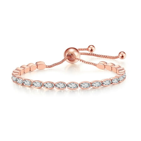 Paris Jewelry 24K Rose Gold 7ct Created White Sapphire Oval Cut Adjustable Tennis Bracelet Unisex Plated
