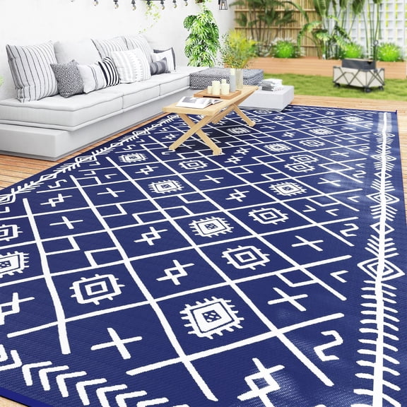 Outdoor Rug, Reversible Waterproof Polypropylene Plastic Straw Mat, 9' x 18', Blue and White Rhombus for Patio, Camping, and RV
