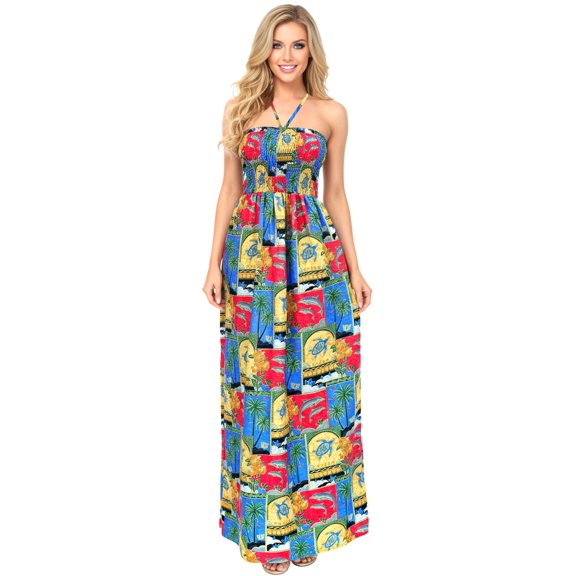 HAPPY BAY Women's Beach Summer A-Line Maxi Smocked Top Slit Dress Long Casual Strapless Tube Dresses for Women One Size Ocean, Tropical