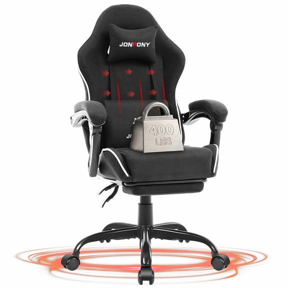 JONPONY Gaming Chair,400LBS Fabric Gamer Chair with footrest for Adults, High Back Ergonomic Computer Game Chair with Adjustable Headrest and Lumbar Support,Black