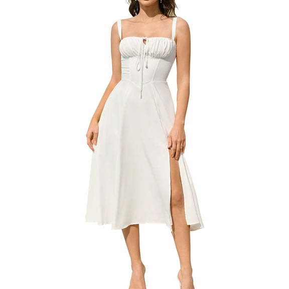 Women's 2025 Summer Midi Corset Dress Wedding Guest Dresses A Line Flowy Slit Going Out Sundress for Tea Party