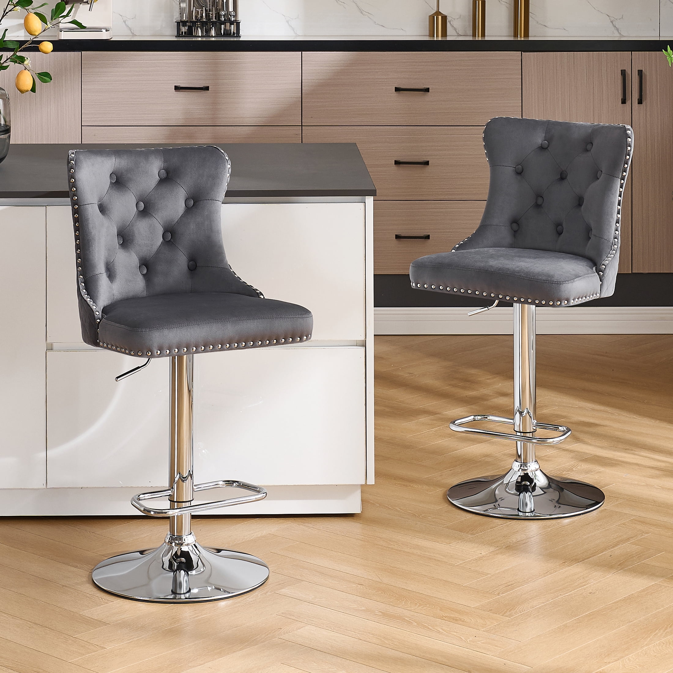 Velvet Bar Stools Set of 4 Modern Counter Height Bar Stools with Lion Pull Ring Tufted High Back, Nailhead Upholstered Barstools for Home Kitchen, Swivel Adjustable Stool Chair in Dark Grey