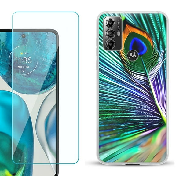 OneToughShield ® for Motorola Moto G Play 2023 Shockproof Fashion Phone Case, with Tempered Glass Screen Protector - Peacock Feather