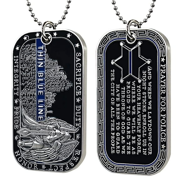 AtSKnSK Police Officers Challenge Coin St. Michael Thin Blue Line Dog Tag Pendant Necklace
