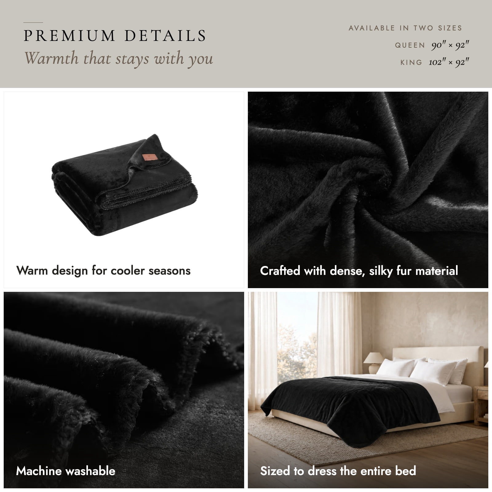 Cozy Haven Luxury Reversible Faux Fur Bed Blanket, Black, King, 102 x 92 in