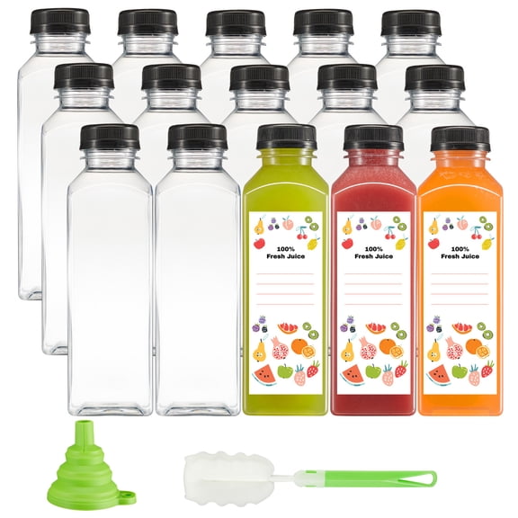 GUSTO Reusable Plastic Juice Bottles with Caps, Labels, Brush, and Silicone Funnel, 16 oz, 15-Pack