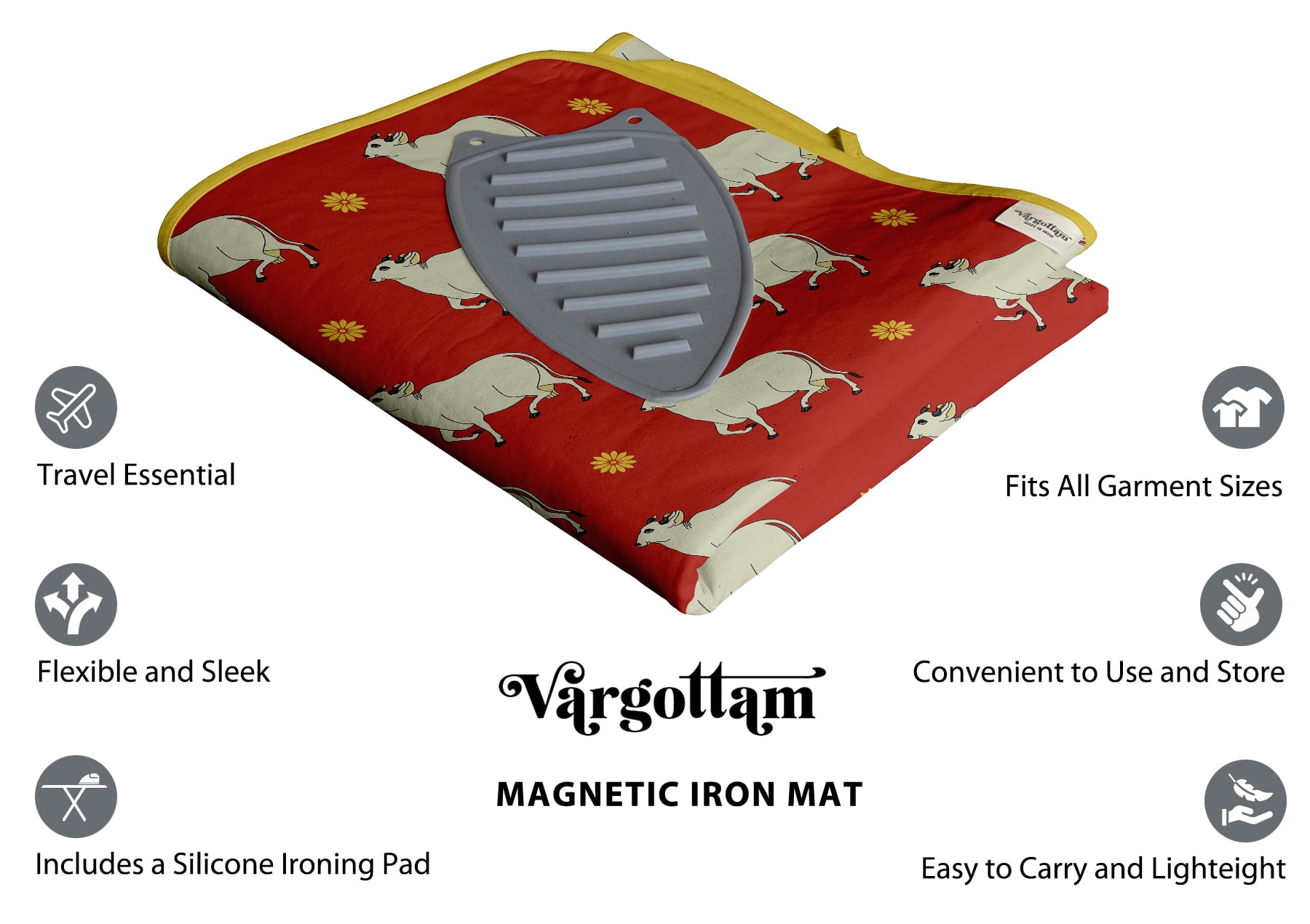 Vargottam Magnetic Ironing Mat - Foldable Cotton Iron Mat with Fiber Pad & Silicone Iron Rest - Portable, Washable, Travel-Friendly Ironing Board Alternative for Tabletop, Washer, Dryer - Animal