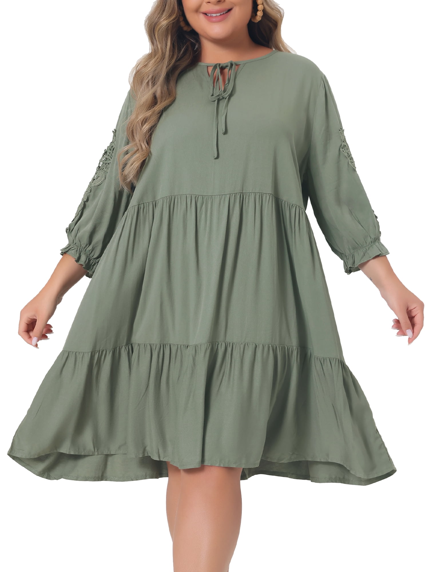 DARING DIVA Women's Plus Size Tie Neck Lace Sleeve  Ruffle Midi Flowy Dress 3X Green