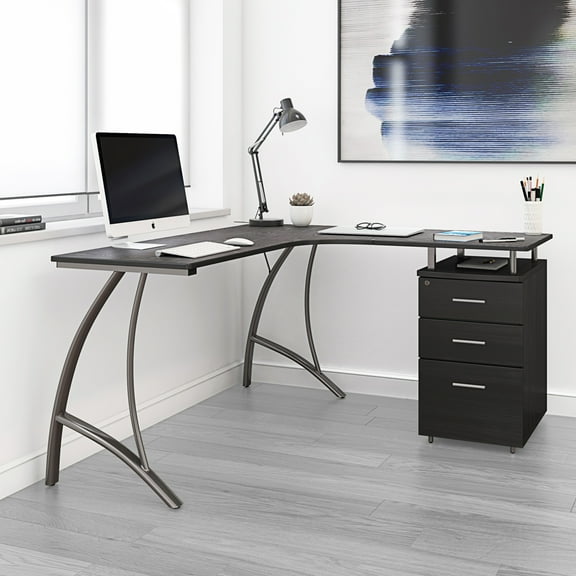 Modern L- Shaped Computer Desk with File Cabinet and Storage, Espresso