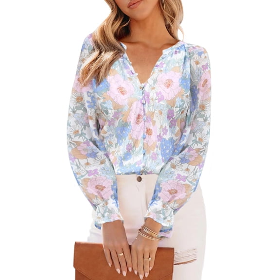 Siliteelon Womens Boho Floral Casual Shirts V Neck Ruffle Long Sleeve Blouses Chiffon Tops