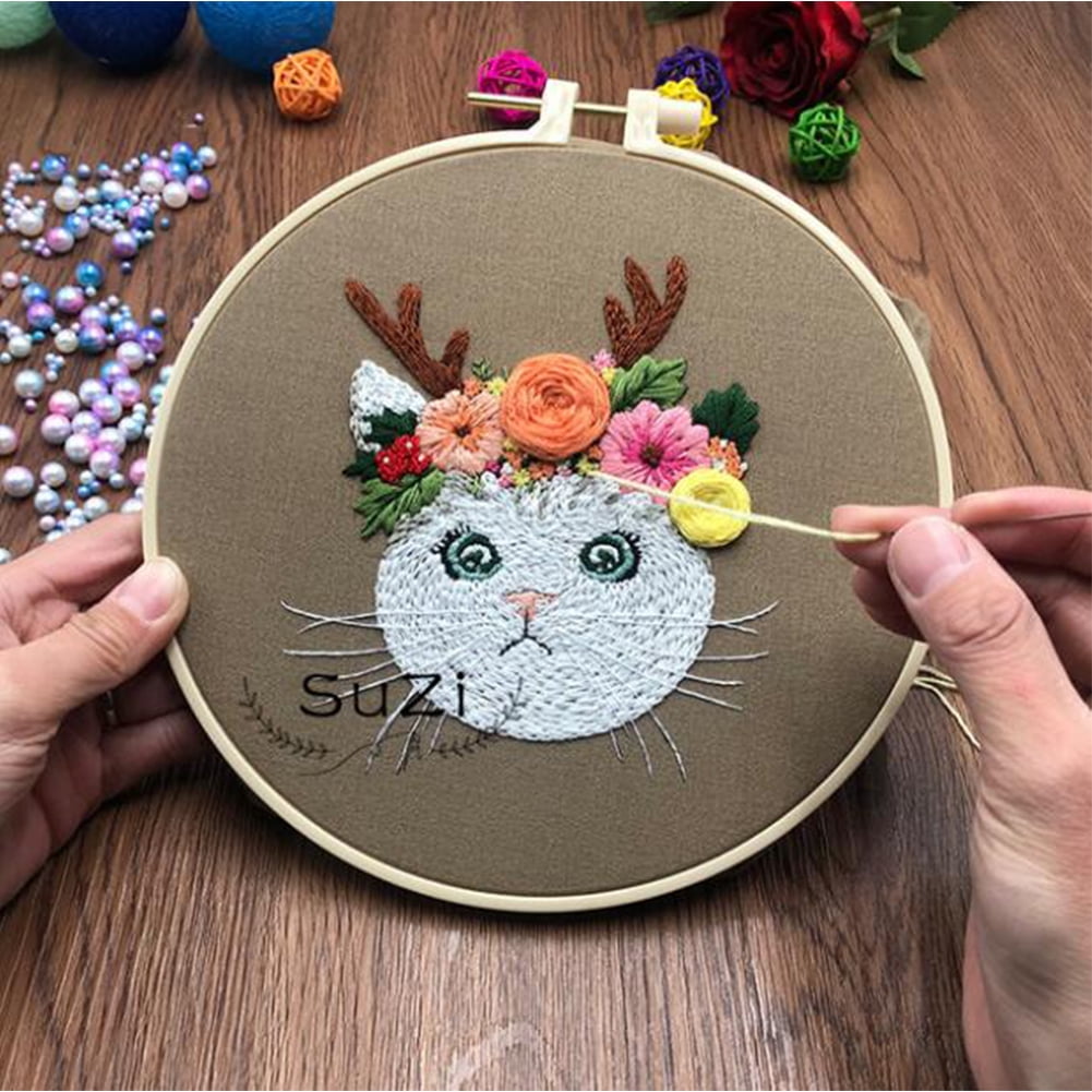 Mulanimo 3Pcs Cotton Linen Cat Dog Embroidery Fabric Kit with DIY Material  Package 20cm Bamboo Embroidery Hoop