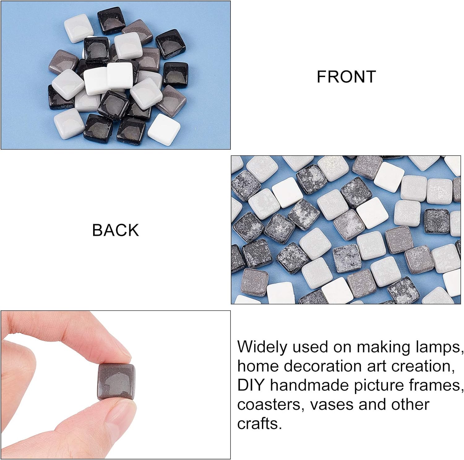 PH 190 pcs 12mm(0.47 Inch) Square Glass Mirror Tiles Mini Glass Decorative Mosaic Tiles for Home Decoration Crafts Jewelry Making Black/White/Gray Mixed Color
