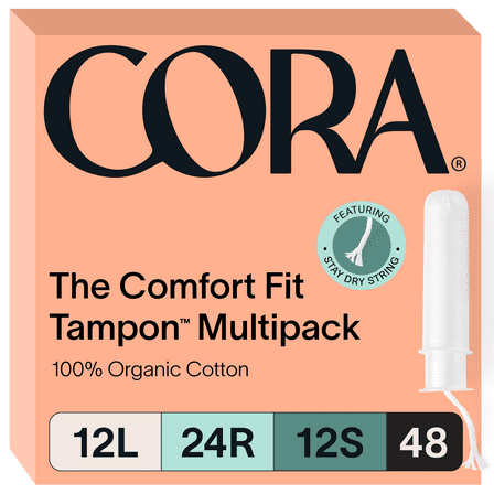 Cora Compact Applicator Tampons, 100% Organic Cotton, 12 Light/24 Regular/12 Super, 48 Count