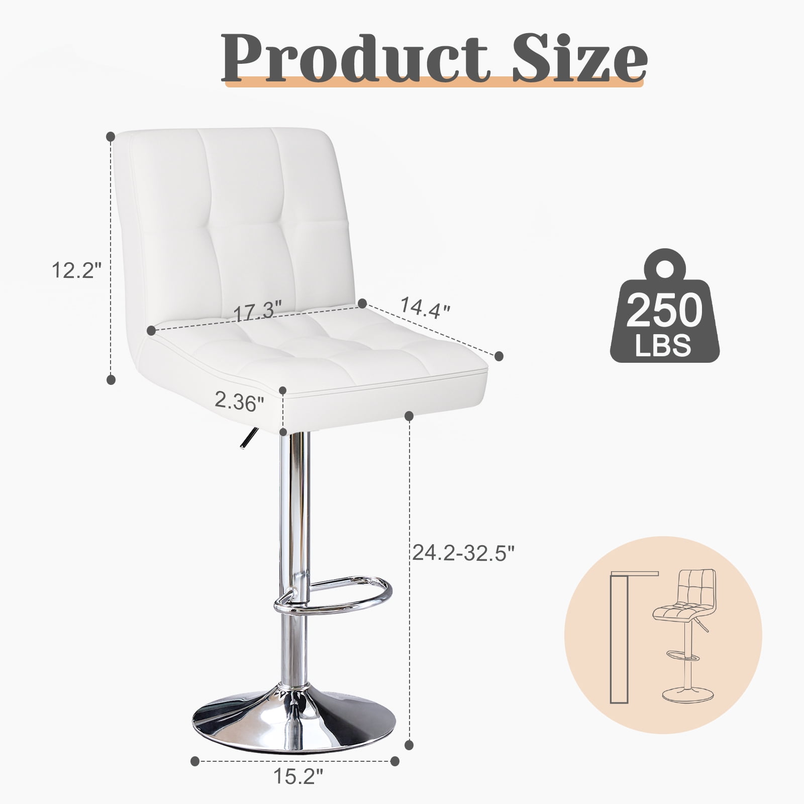 Bar Stools Set of 2, Adjustable PU Leather Barstools with Back, Swivel Armless Counter Height Chairs for Kitchen Island & Dining Room, White