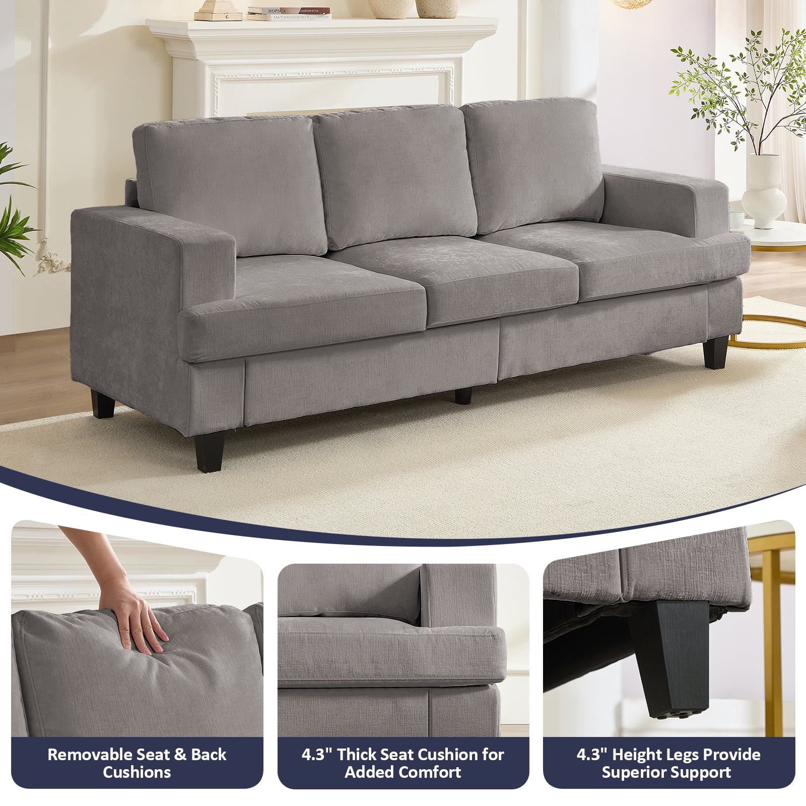 ZAFLY 82” Deep Seat Couch with Wide Armrest, Oversized Sofas and Couches for Small Space/Living Room - Light Gray