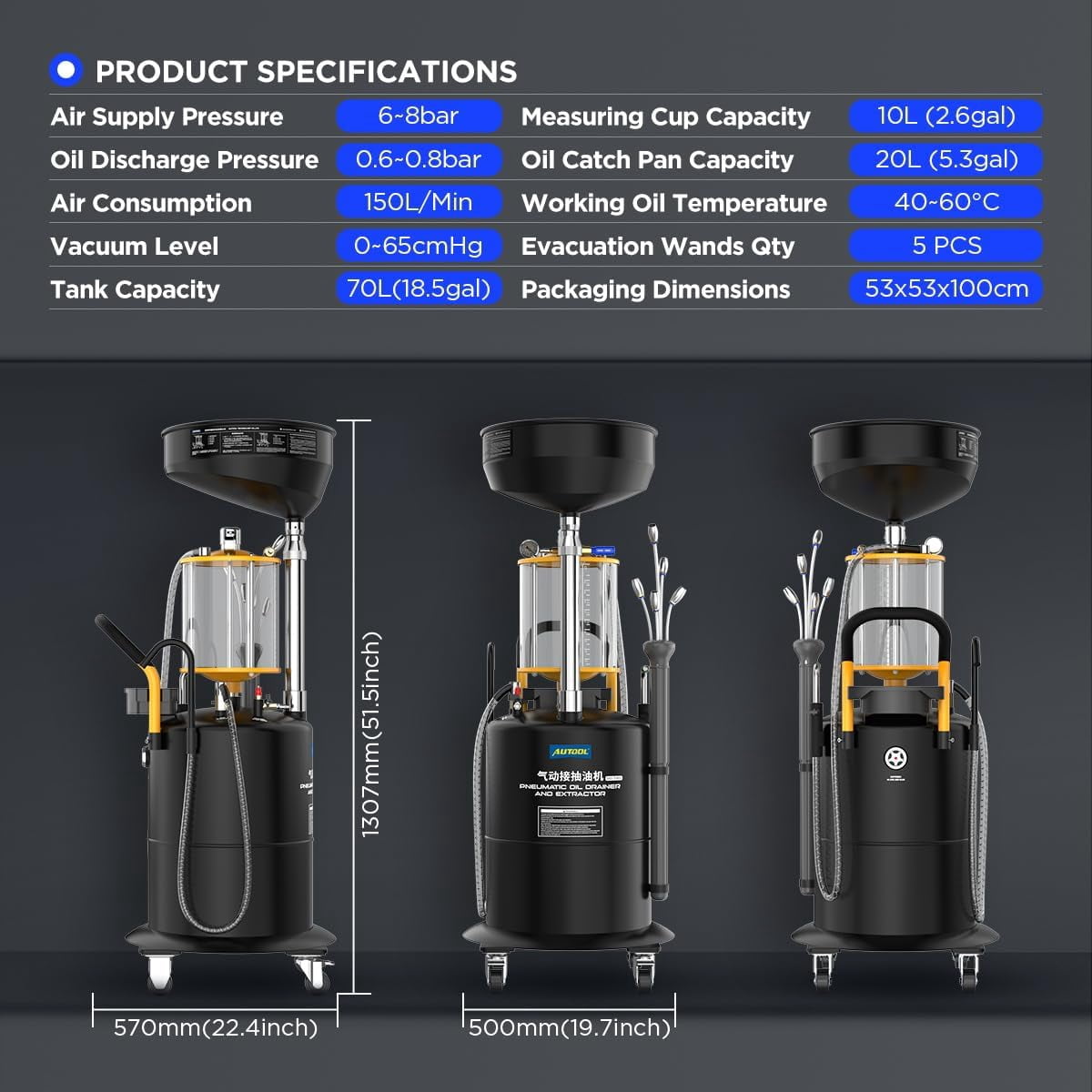 AUTOOL OD720 18.5 Gallon Pneumatic Oil Drainer and Extractor Vacuum Oil Change Tank with Large Capacity Measuring Cup and 5 Evacuation Wands