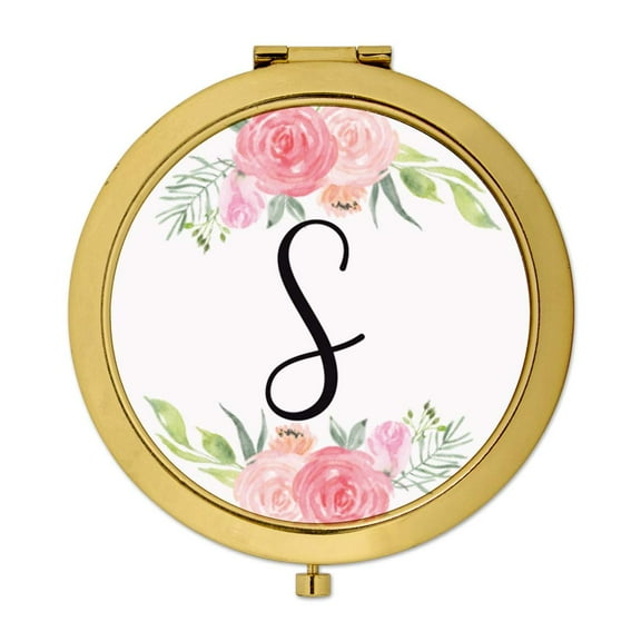 Koyal Wholesale Compact Mirror Bridesmaid's Wedding Gift, Gold, Monogram Letter S, Peach and Pink Roses, 1-Pack
