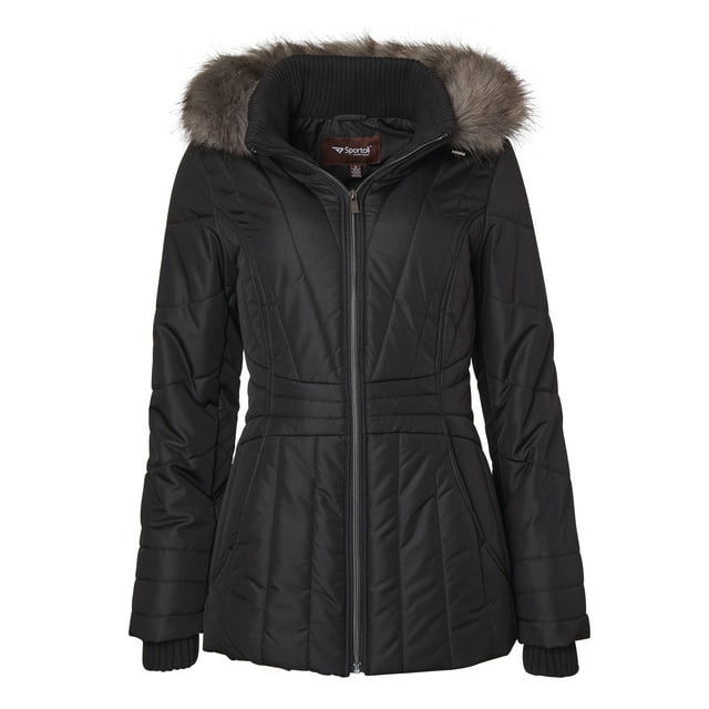 Womens Winter Coat Faux Fur Trim Hooded Down Alternative Puffer Jacket - Black (2X)