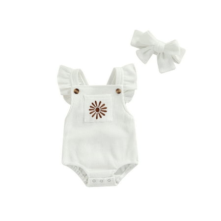 

Qiylii Newborn Baby Boy Girls Clothes Infant Daisy Romper Waffle Ruffled Sleeveless Backless Bodysuit Jumpsuit Headband Outfit 0-18M