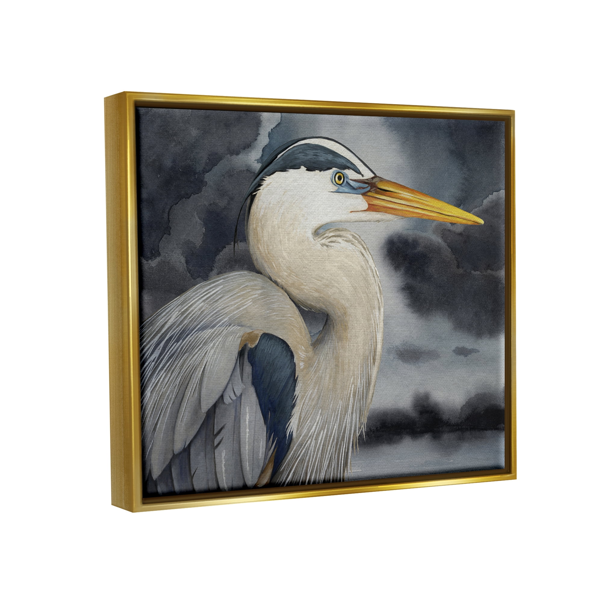Stupell Industries Grey Heron Portrait Animals & Insects Painting Gold Floater Framed Canvas Art Print Wall Art, 21 x 17