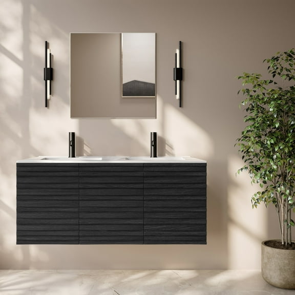 Cascade 48" Wall-Mounted Bathroom Vanity in Black Oak with Double Basin Sink Top