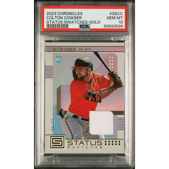 Graded 2023 Panini Chronicles Colton Cowser #SSCC Status Swatches Gold #/99 Rookie RC Baseball Card PSA 10 Gem Mint