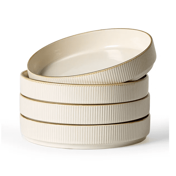 Famiware Star 7.5''toneware Large Pasta Bowl (Set Of 4), White with Brown Rim