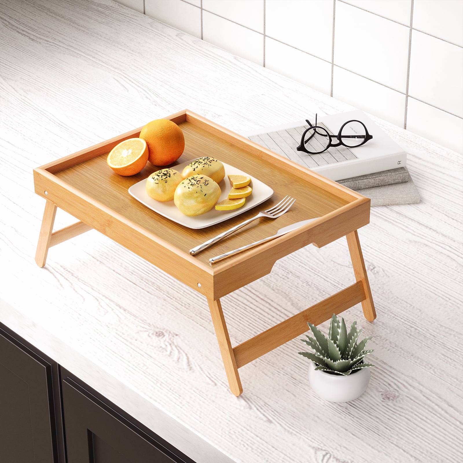 2 Pack Bamboo Bed Tray Table with Folding Legs,Breakfast Trays,Serving Tray,Laptop Tray for Working,Food Snack Tray for Bed and Sofa(Natural)
