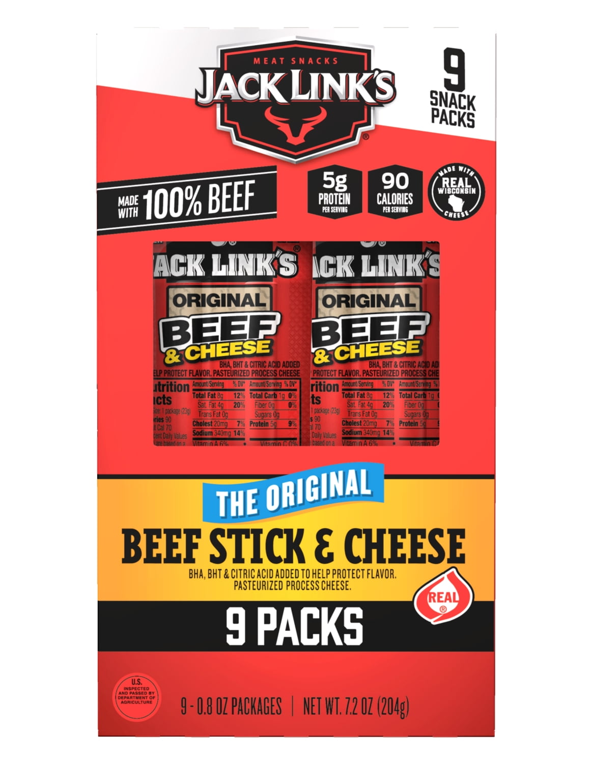 Jack Link's Original Beef Stick & Cheese, 0.8 oz, 9 Count.  Made with 100% Beef and Real Wisconsin Cheese