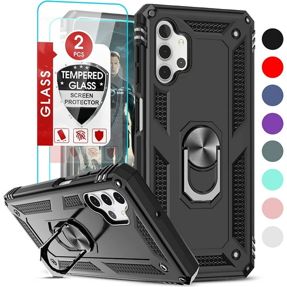 for Samsung Galaxy A32 5G Phone Case, Samsung A32 Case with [2 Pack] Tempered Glass Screen Protector, [Military-Grade] Ring Kickstand Protective Case for Galaxy A32 5G (Not Fit 4G), Black