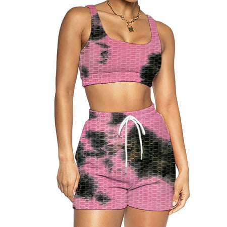

Ziloco Women Tie-dyed Yoga Clothes Sports Suit Sleeveless Vest Shorts Two Piece Set scrub sets Black L