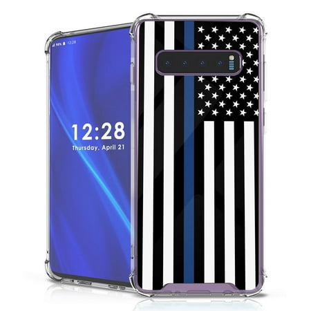 Beyond Cell AquaFlex Series Compatible with Samsung Galaxy S10+ Plus, Shockproof Reinforced TPU Transparent Phone Case and Atom Cloth - Thin Blue Line USA