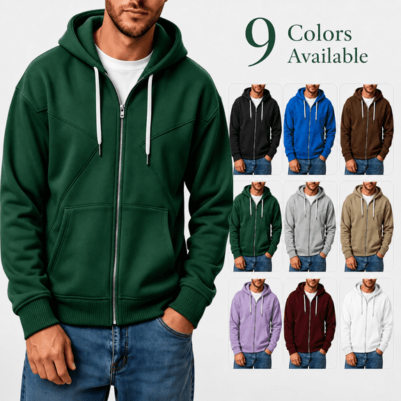 Men's Fleece Full Zip Hoodie, Fall Long Sleeve Hooded Sweatshirt Coat, Loose Causal Hoodie Jackets with Pockets