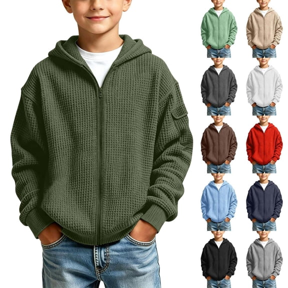CYRBOKO Hooded Sweatshirts for Boys, Full Zip Long Sleeve Waffle Knit Casual Kids Outerwear Hoodie Size 6 Army Green